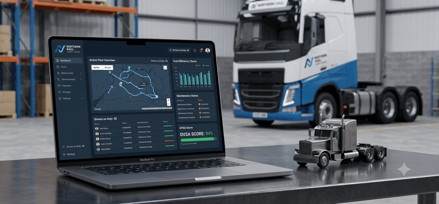NHC fleet dashboard on a laptop, truck in the workshop behind
